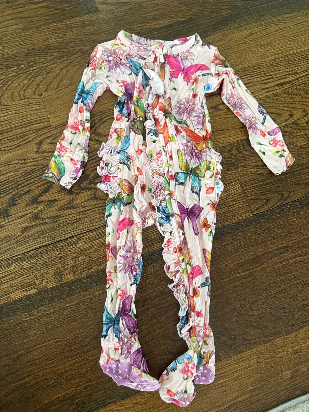 Posh Peanut White Floral & Multicolor Butterfly Ruffle Footie